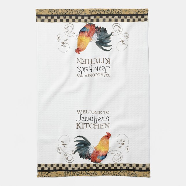 Crowing Rooster Black & Tan Check Swirl Kitchen Kitchen Towel (Vertical)