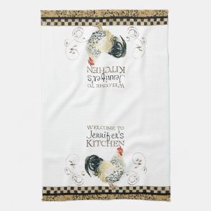 Crowing Rooster Black & Tan Check Swirl Kitchen Towel