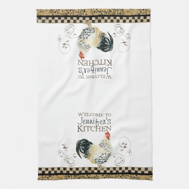 Crowing Rooster Black & Tan Check Swirl Kitchen Towel (Vertical)