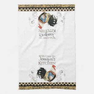 Crowing Rooster Black & Tan Check Swirl Kitchen Towel
