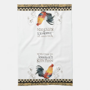 Crowing Rooster Black & Tan Check Swirl Kitchen Towel