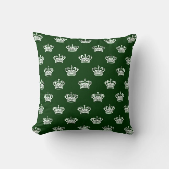 Crown 01 - White on Dark Forest Green Throw Pillow (Front)