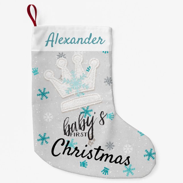 Crown and Blue Snowflakes First Christmas Stocking (Front)