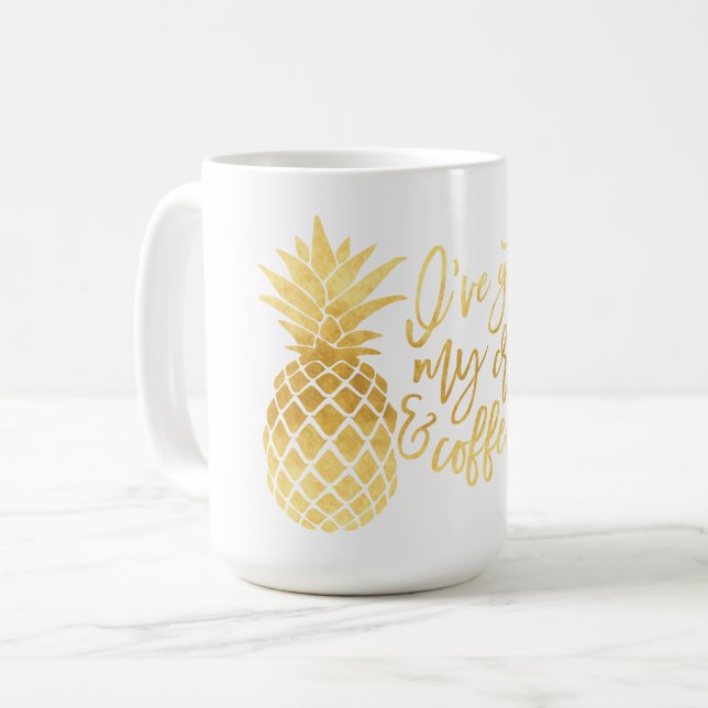 Crown and Coffee Gold Pineapple Mug (Front Left)