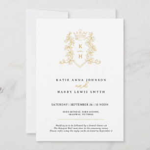 Crown and foilage wedding black gold on white invitation