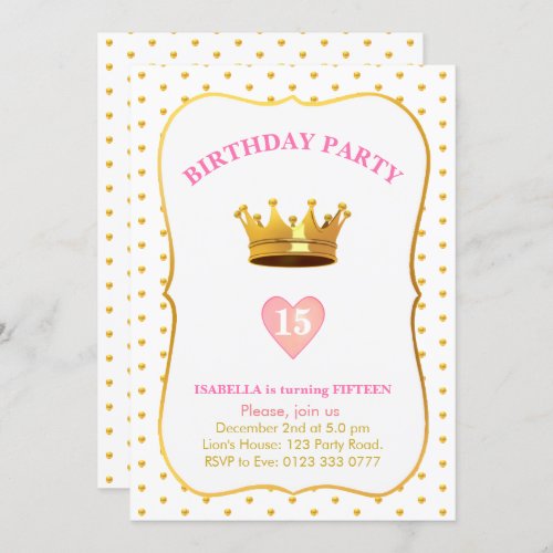 Crown and Gold Confetti 15th Birthday Invitation
