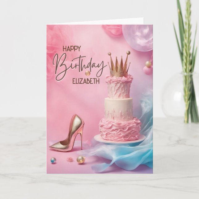 Crown and High Heel Shoes Happy Birthday Card (Front)