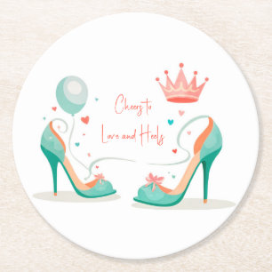 Crown and High Heels – Glamorous Pink & Mint Theme Round Paper Coaster