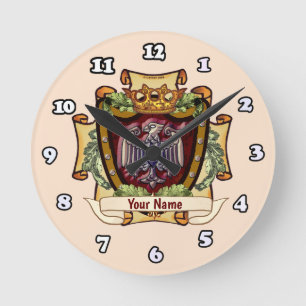 Crown Banner Eagle Surname Round Clock