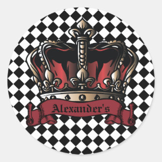 Crown Barber Logo Checkered Background Personalize Classic Round Sticker