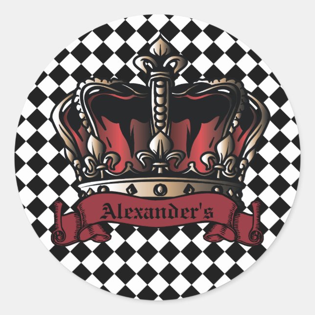 Crown Barber Logo Checkered Background Personalize Classic Round Sticker (Front)