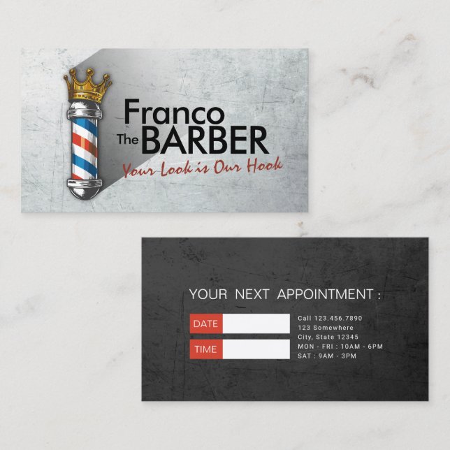 Crown Barber Pole Barbershop Hair Stylist Reminder Appointment Card (Front/Back)