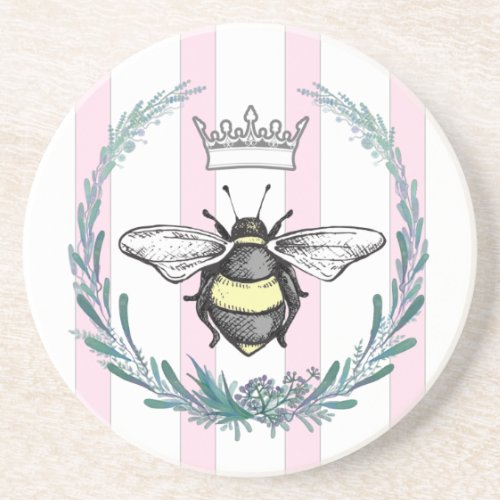 Crown Bee in Wreath  Pink  White Striped Coaster
