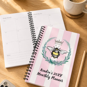 Crown Bee in Wreath Pink & White Striped Planner