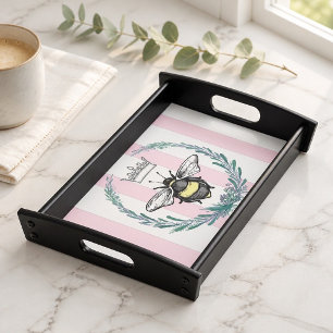 Crown Bee in Wreath   Pink & White Striped   Serving Tray