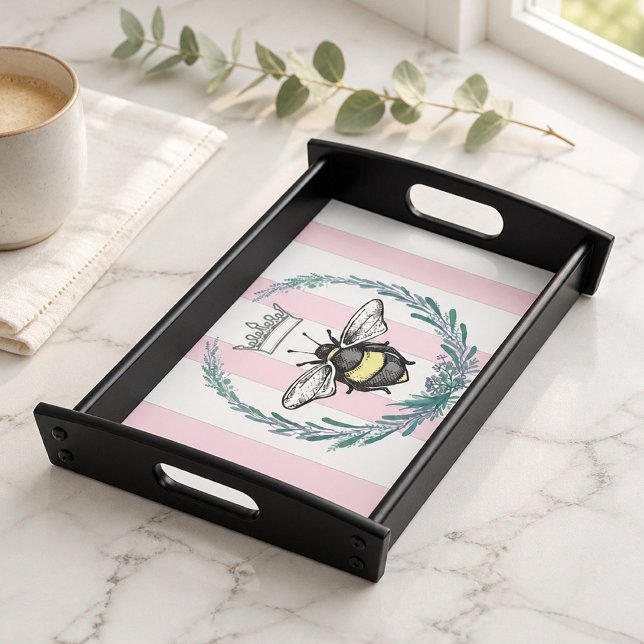 Crown Bee in Wreath | Pink & White Striped | Serving Tray (Creator Uploaded)