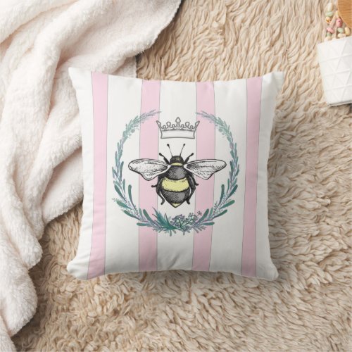 Crown Bee in Wreath  Pink  White Striped Throw Pillow