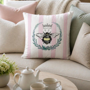 Crown Bee in Wreath Pink & White Striped Throw Pillow