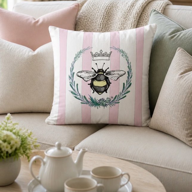 Crown Bee in Wreath | Pink & White Striped Throw Pillow (Creator Uploaded)
