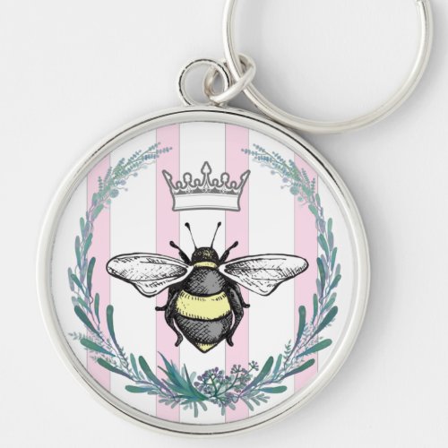 Crown Bee  Pink  White Striped Keychain