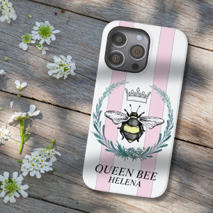 Crown Bee Pink & White Striped Personalized Case-Mate iPhone 14 Pro Max Case