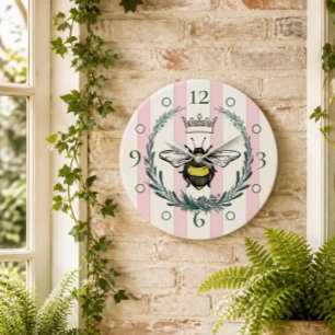 Crown Bee Pink & White Striped Wall Clock