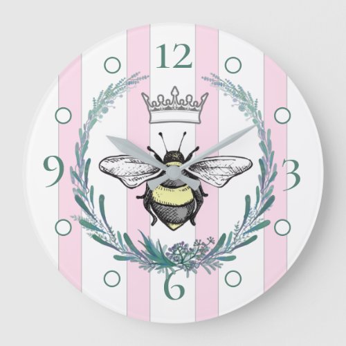 Crown Bee  Pink  White Striped Wall Clock