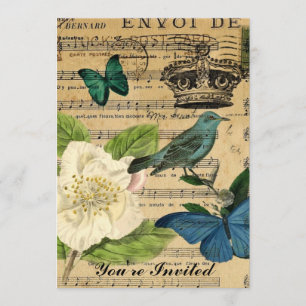 crown bird Music Notes Rose shabby elegance Invitation