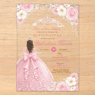 Crown Blush Pink Quinceañera Dress Tiara 15 Anos Acrylic Invitations