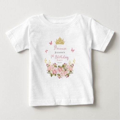 Crown  Butterflies Floral Princess 1st Birthday Baby T_Shirt