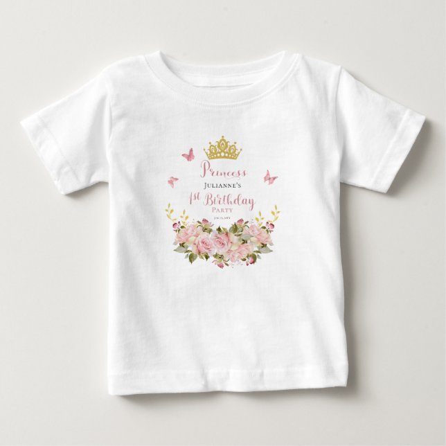 Crown | Butterflies Floral Princess 1st Birthday Baby T-Shirt (Front)