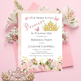 Crown Butterflies Floral Princess 1st Birthday I Invitation