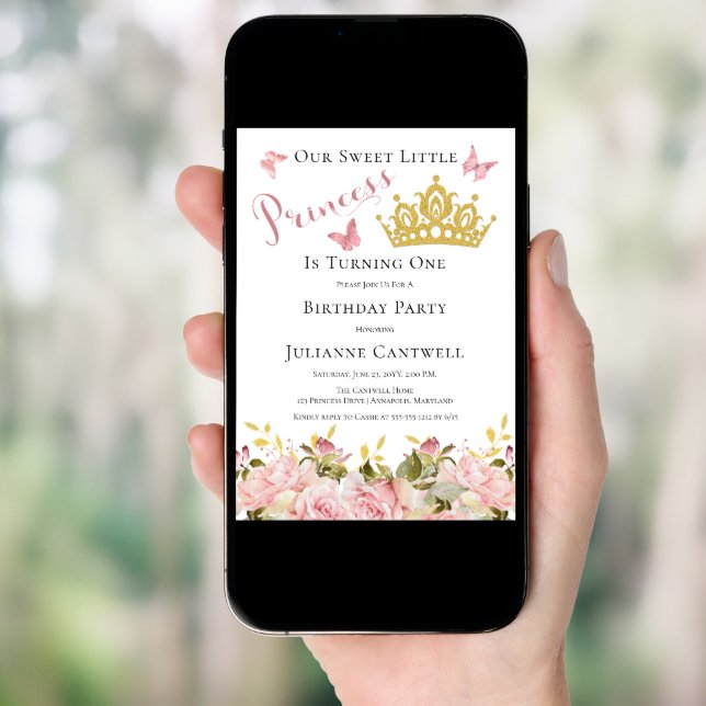 Crown | Butterflies Floral Princess 1st Birthday I Invitation (Front Digital)