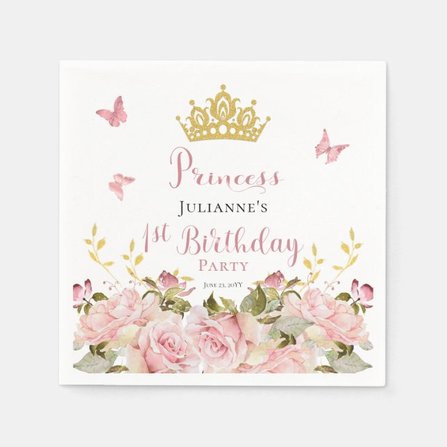 Crown | Butterflies Floral Princess 1st Birthday Napkins (Front)