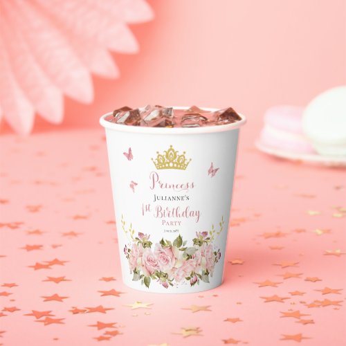 Crown  Butterflies Floral Princess 1st Birthday Paper Cups