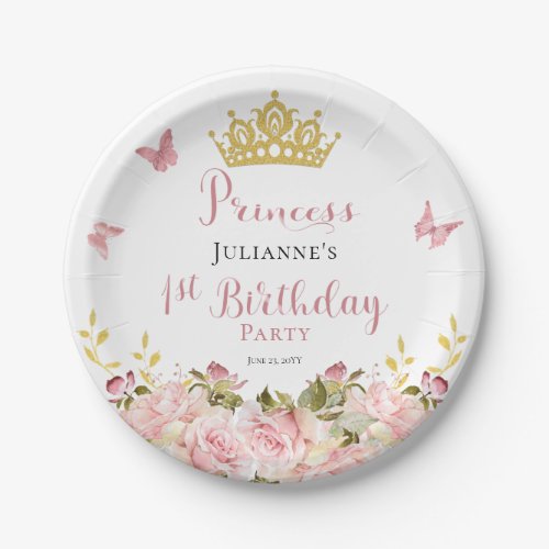 Crown  Butterflies Floral Princess 1st Birthday Paper Plates