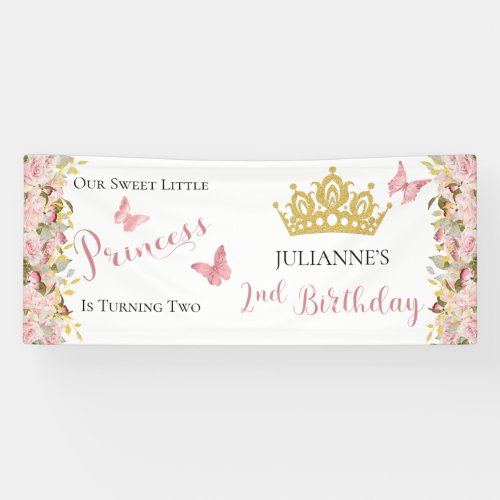 Crown  Butterflies Floral Princess 2nd Birthday  Banner