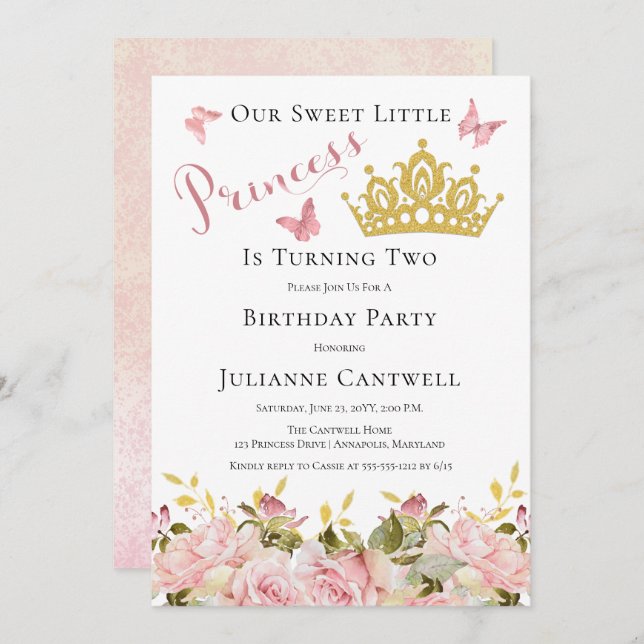 Crown | Butterflies Floral Princess 2nd Birthday I Invitation (Front/Back)