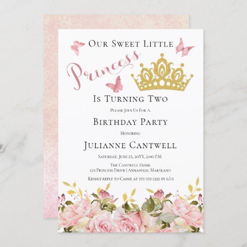 Crown  Butterflies Floral Princess 2nd Birthday I Invitation