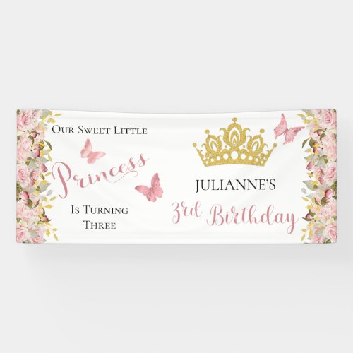 Crown  Butterflies Floral Princess 3rd Birthday Banner