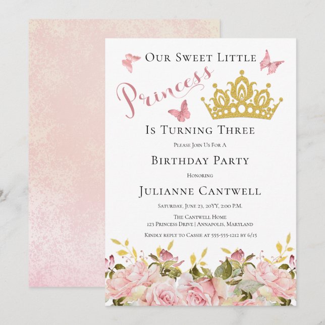 Crown | Butterflies Floral Princess 3rd Birthday I Invitation (Front/Back)