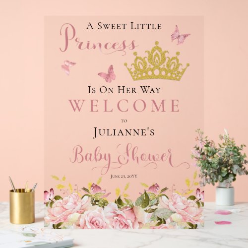 Crown  Butterflies Floral Princess Baby Shower Acrylic Sign