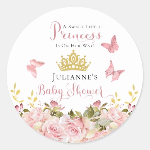 Crown  Butterflies Floral Princess Baby Shower Classic Round Sticker