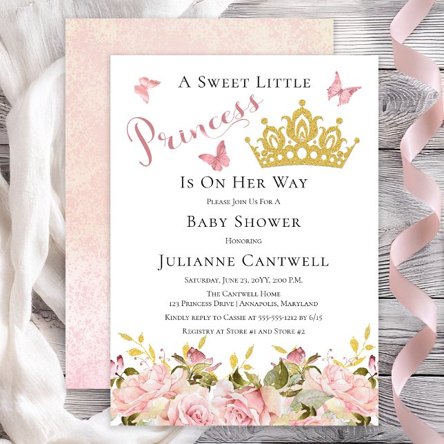 Crown | Butterflies Floral Princess Baby Shower Invitation (Faux Gold Glitter Crown and Pink Butterflies Roses Floral Princess Baby Shower Invitation)
