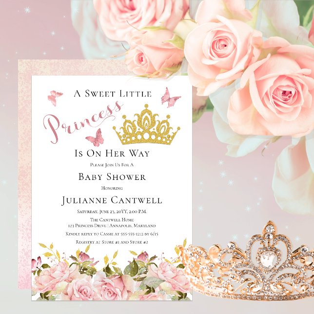 Crown | Butterflies Floral Princess Baby Shower Invitation