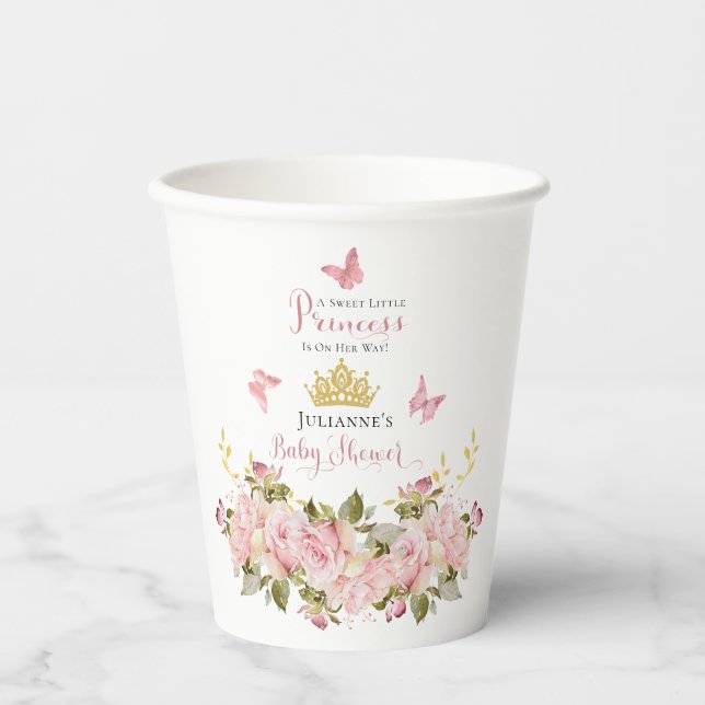 Crown | Butterflies Floral Princess Baby Shower Paper Cups (Front)