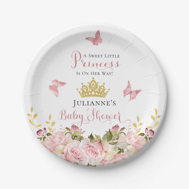 Crown | Butterflies Floral Princess Baby Shower Paper Plates (Front)