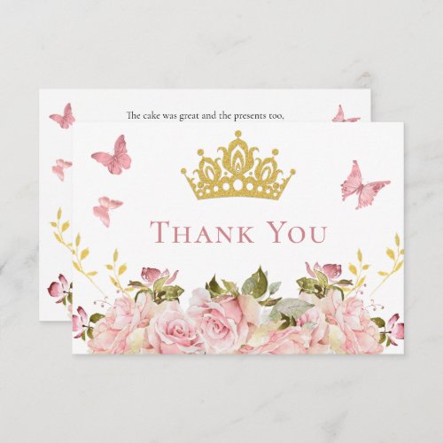 Crown  Butterflies Floral Princess Birthday Thank You Card
