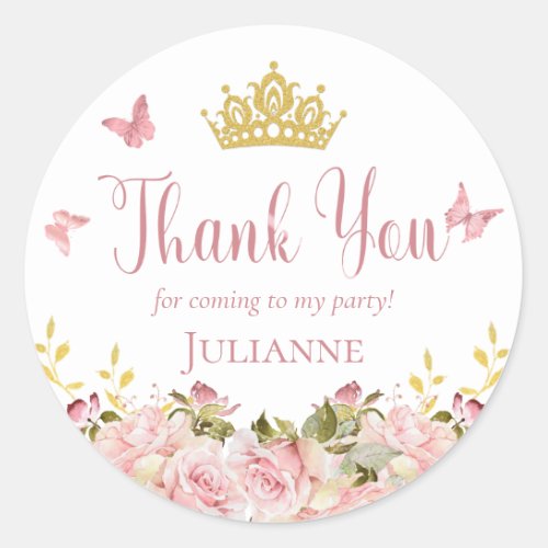 Crown  Butterflies Pink Floral Birthday Thank You Classic Round Sticker