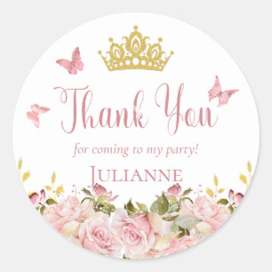 Crown Butterflies Pink Floral Birthday Thank You Classic Round Sticker